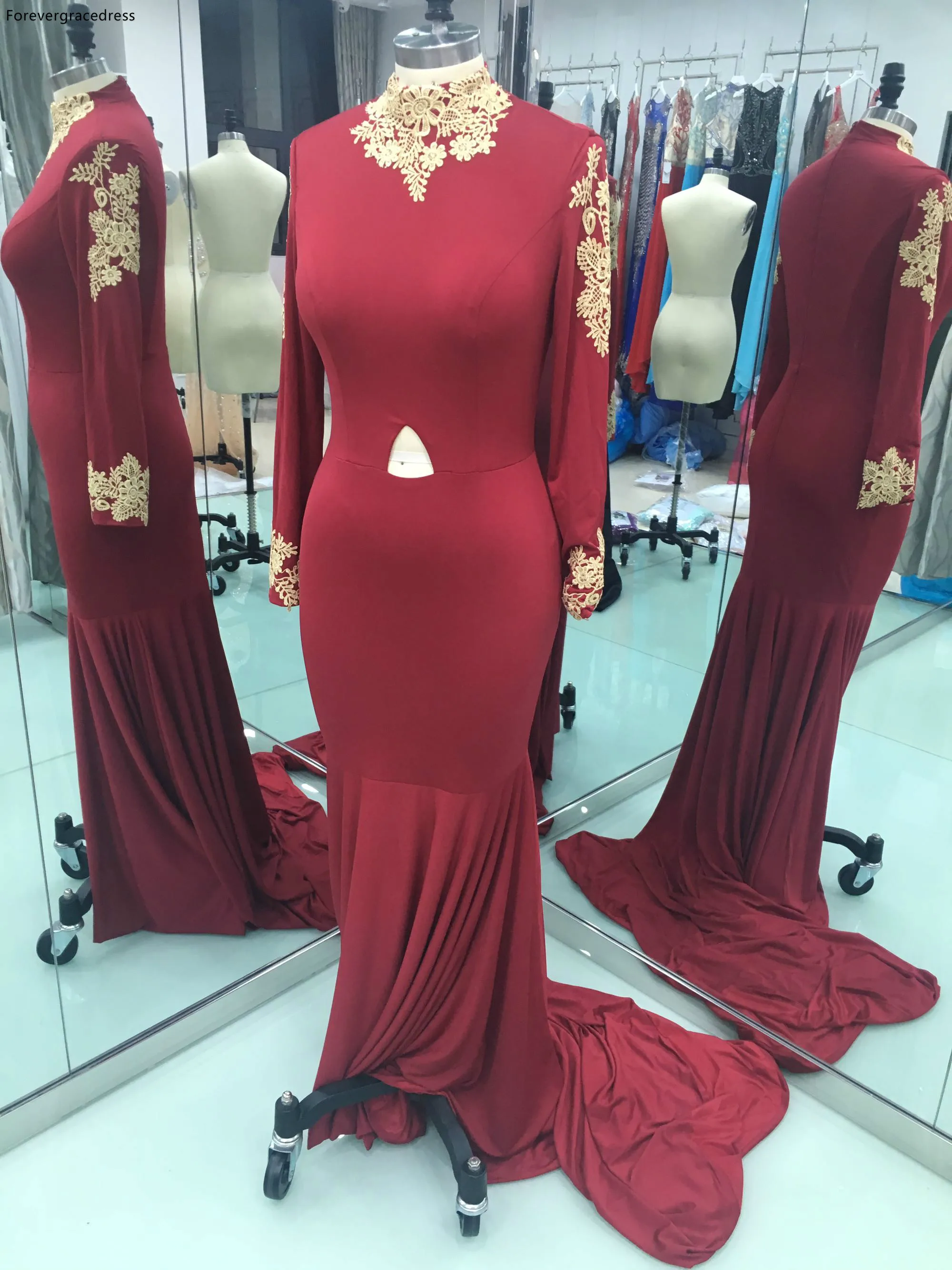 

Red Colour Evening Dress High Neck Applique Long Sleeves Party Gown