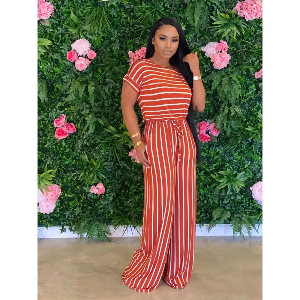 

Wholesale Casual Women High Waist Straight Long Rompers Femme Overalls Streetwear Female O Neck Pocket Striped Print Jumpsuit