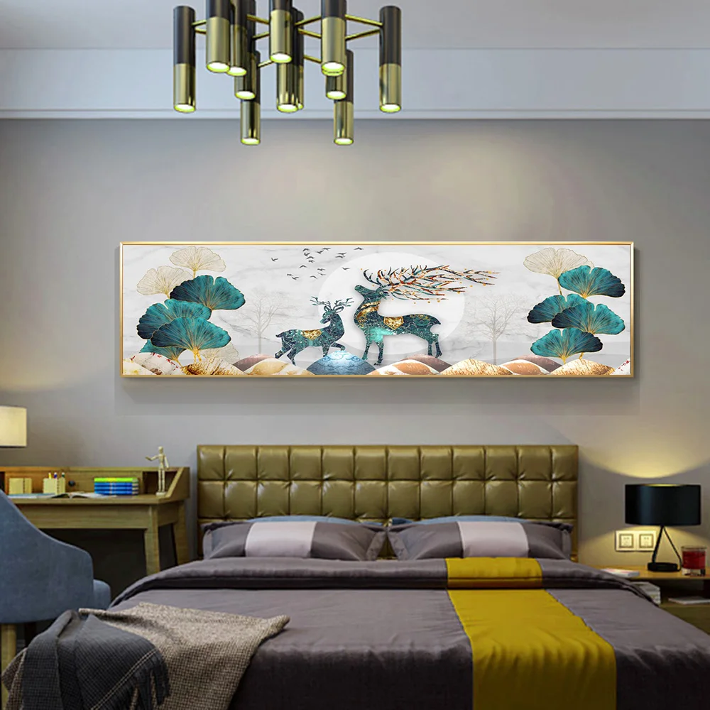 Абстрактный зеленый рисунок оленя на холсте современный птица плакат