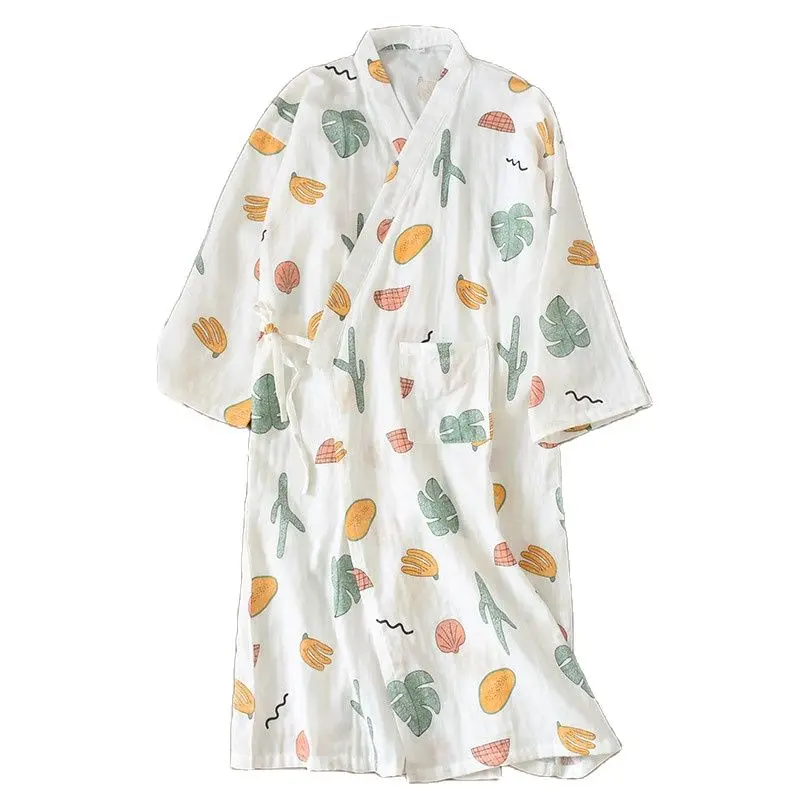 

New spring and summer double layer gauze women's kimono bathrobe Nightgown single piece cotton medium long skirt