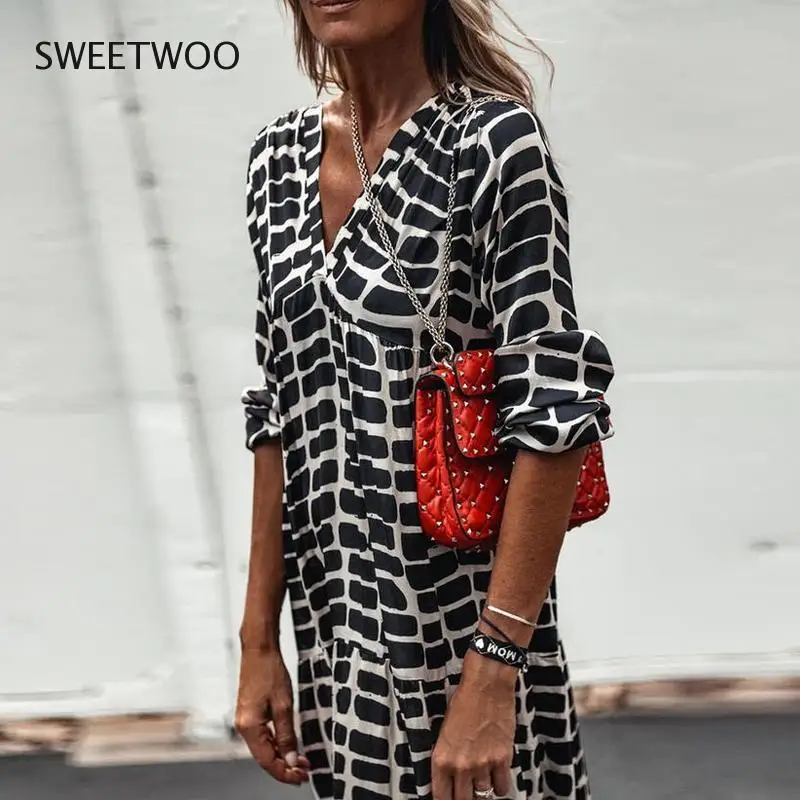 

Spring Sexy V Neck Elegant Women Dress Lady Leopard Print Design Pleated Party Dress Casual Long Sleeve A-Line Maxi Dress