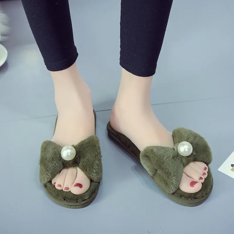 Лиам Симпатичные плюшевые тапочки женские искусственный мех жемчуг мягкая