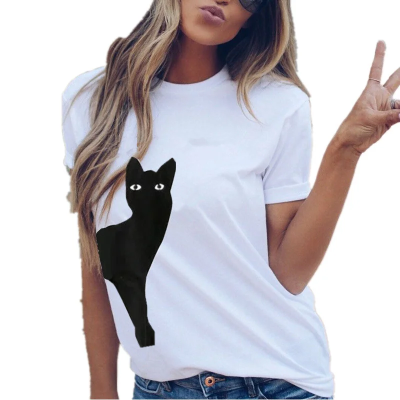 Women's Large Loose Women's Top Cat Print Short Sleeve T-shirt Women