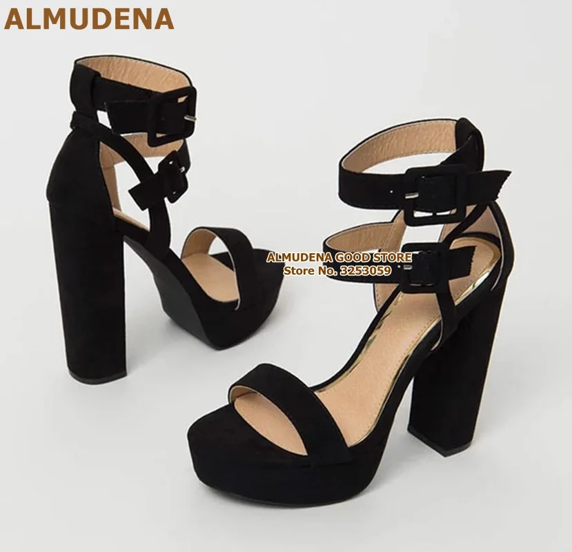 ALMUDENA Rainbow Strap Chunky Heel Sandals Multi-color Patchwork Platform Shoes Double Square Buckle Strap Banquet Shoes Pumps