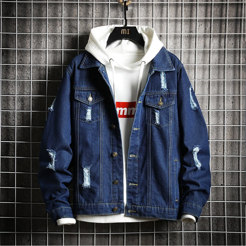 

Nice Men Autumn Casual Denim Jackets Black Jean Coats Good Quality Men Cotton Holes Denim Coats Fashion Jean Jackets Size 3XL