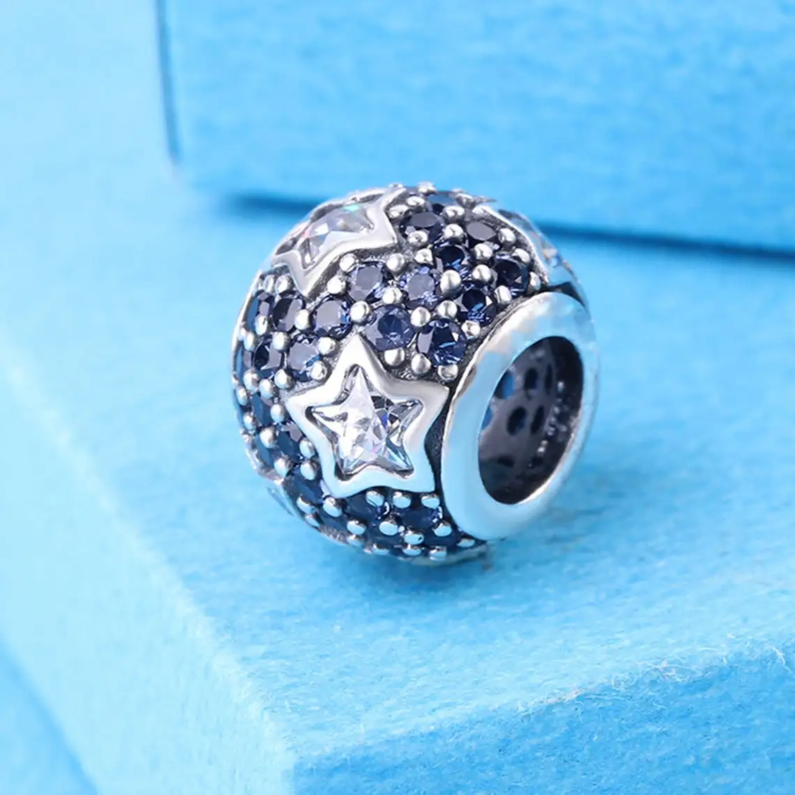 

925 Sterling Silver Follow The Stars with Clear and Midnight Blue Cz Charm Bead Fits All European Pandora Bracelets Necklaces