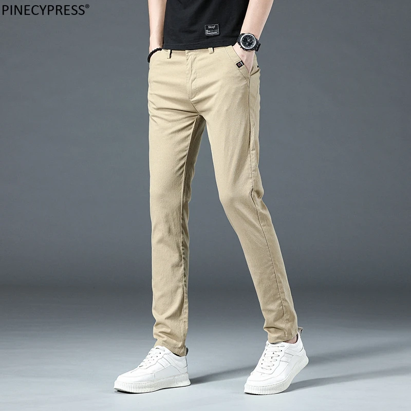 

100% Cotton Mens Slim Fit Full Length Trousers Men Fashion Clothing Young Man Casual Straight Long Male Chino Pants Streetwear