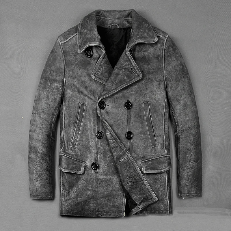 

New Style Man Thicker Vintage Long Jackets Men's Genuine Leather Classic Slim Jacket Fashion
