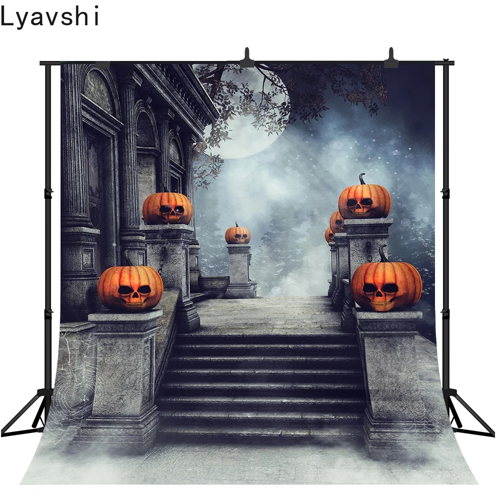 

Lyavshi Photography Backdrop Mysterious Forest Castle Stairs Pumpkin Faces Kids Children Halloween Themed Photo Backgrounds