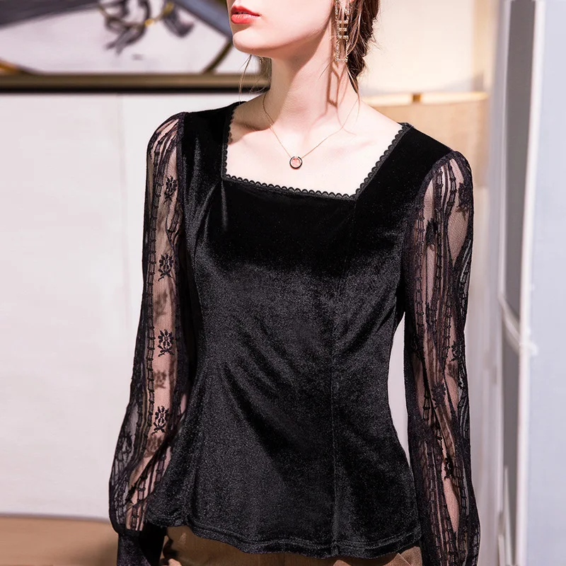 

Gold velvet autumn and winter wear a small western style shirt, palace fan stitching mesh gauze lantern sleeve square collar