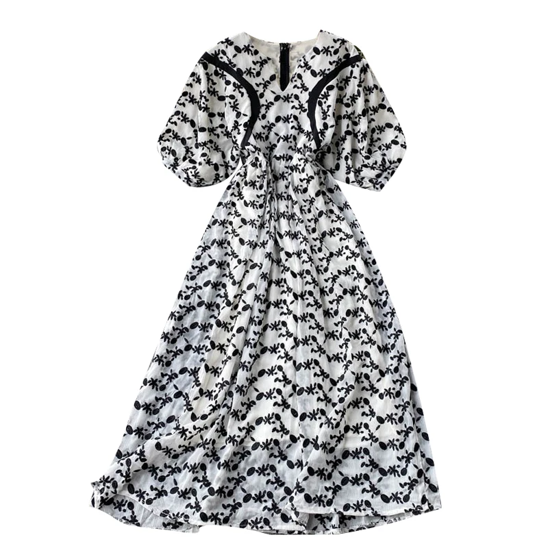 

Short Puff Sleeve Summer Print Floral Embroidery Dresses Women Dress Party Sexy Elegant Boho Vintage 2021 Lace A-Line Clothing