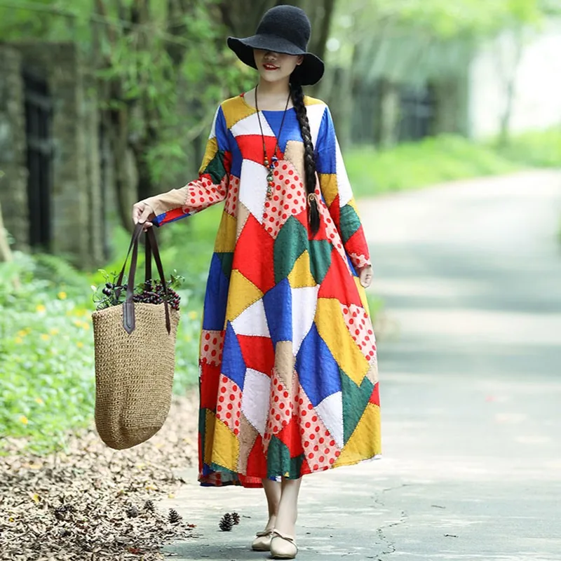 

Women Cotton Linen Casual Dress New 2021 Spring Arts Style Vintage Print O-neck Loose Comfortable Female Long Dresses S3331