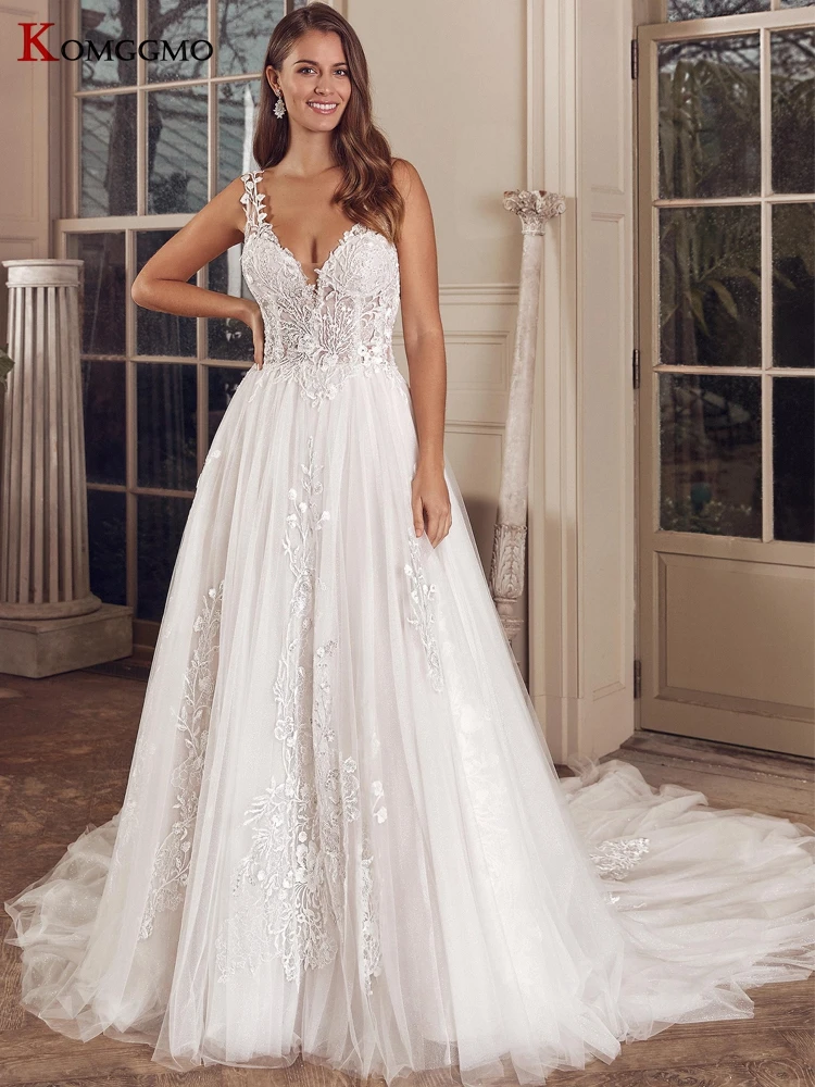 

Женское Тюлевое свадебное платье, с V-образным вырезом, вышивкой и аппликацией, на заказ, без рукавов, с пуговицами, бальное платье невесты