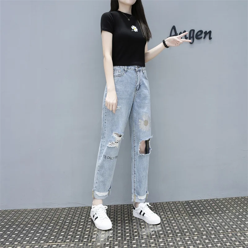 Модные шикарные женские брюки с цветочным принтом повседневные джинсы для