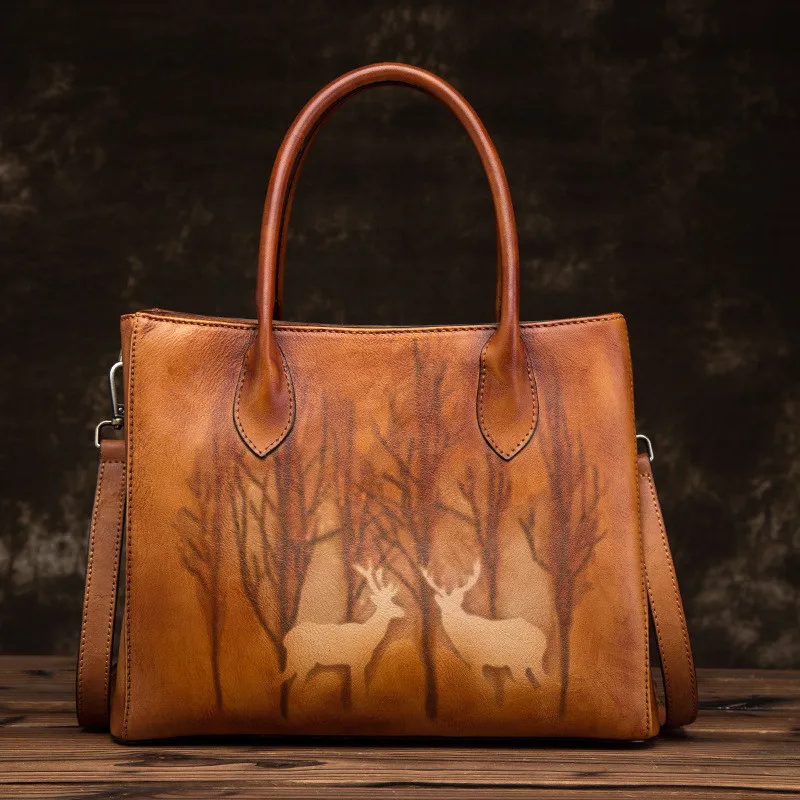 

Chinese style genuine leather women's bag manual oblique cross bag deer women's single shoulder head leather creative handbag