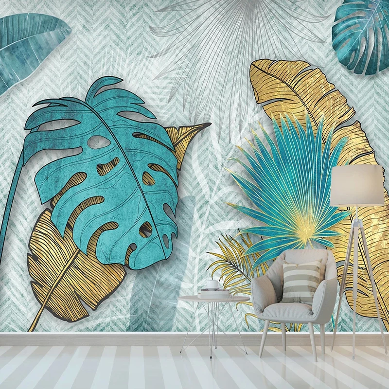 

Custom Mural Wallpaper Nordic Hand-painted 3D Stereo Lines Golden Tropical Leaves Bedroom Background Wall Decor Papel De Parede