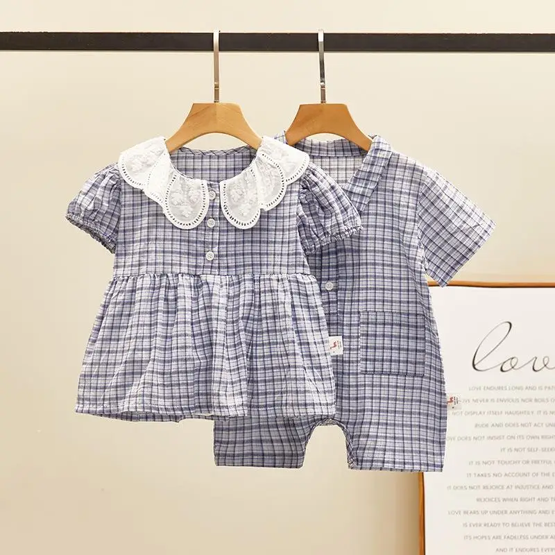 

Boys Girls Matching Outfits Summer Short Sleeve Plaid Baby Dress Outfits Brother Sister Clothes Set Newborn Boys Romper Jumpsuit