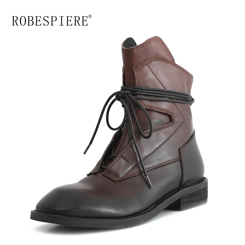 

ROBESPIERE Big Size Vintage Ankle Boots Women Genuine Leather Lace Up Flat Ladies Shoes Low Heels Warm Plush Winter Boots B138