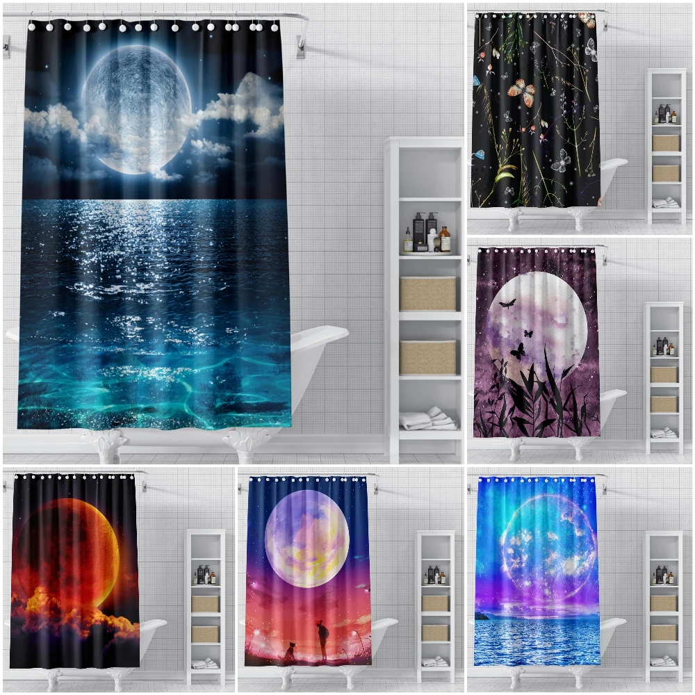 

Moon Shower Curtain Waterproof Beautiful Natural Landscape Bath Curtains for Bathroom Decor with Hooks