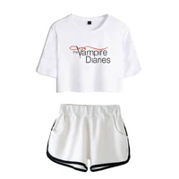 the vampire diaries crop top and shorts women 2 pieces set summer printed shorts female loungewear suit