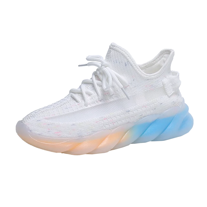 

Sports shoes spring 2021 new flying woven breathable flat-bottomed lightweight luminous student mesh coconut running shoes