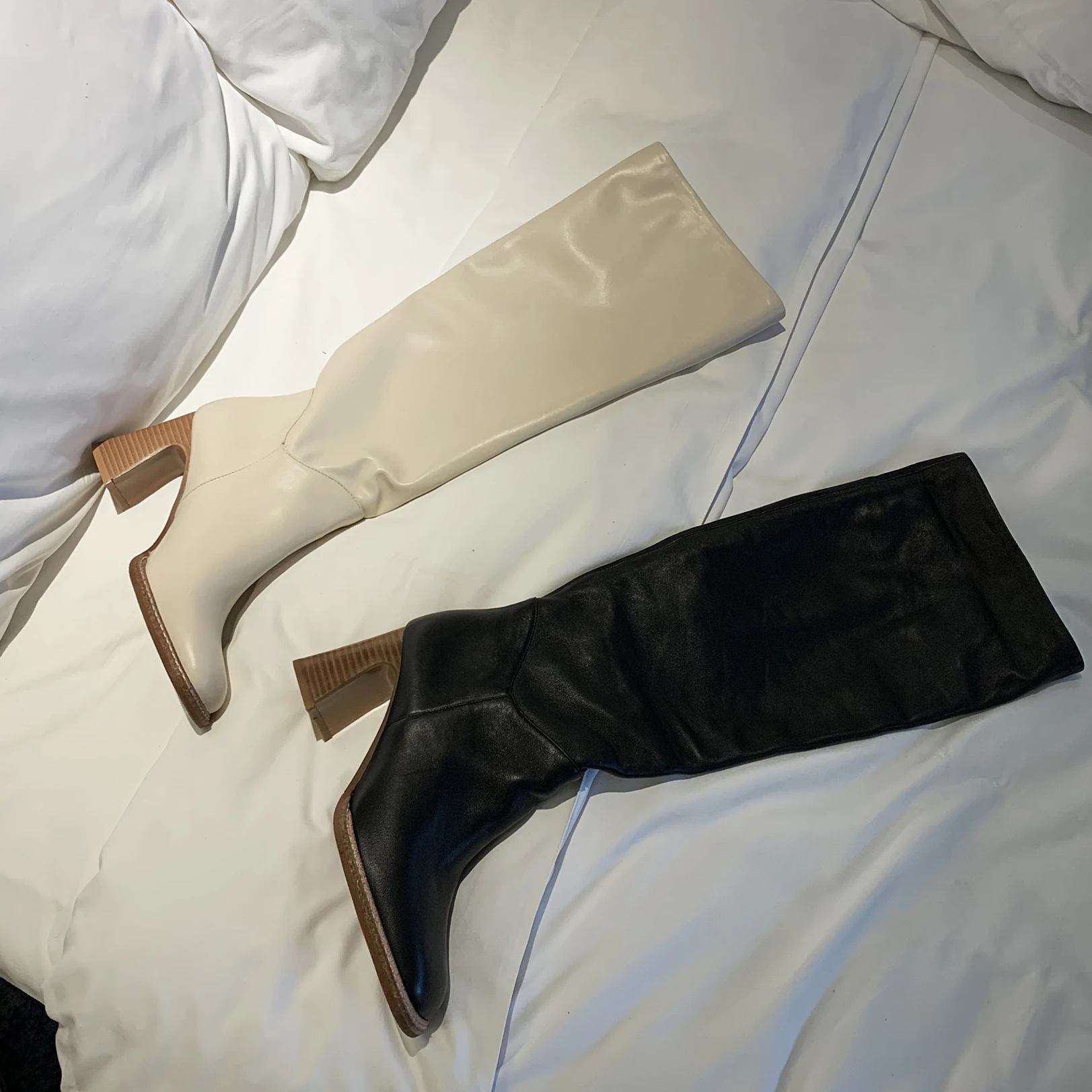 Arden Furtado Cow Leather Knee High Boots Women White Fashion Square Head Chunky Heels7.5cm Sexy Ladies Long Pleated Shoes | Обувь