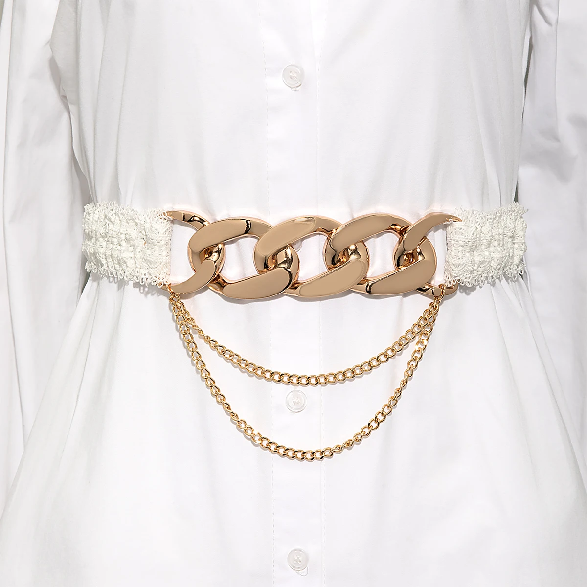 

New Fashion Spring Autumn PU Office Ladies Corset Belts Women's Elastic Waist Lace Chain White Cummerbunds