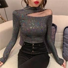 Женские тонкие футболки с вырезами на плечах, женская сексуальная Блестящая футболка для танцев, Женский пуловер с вырезами, топы