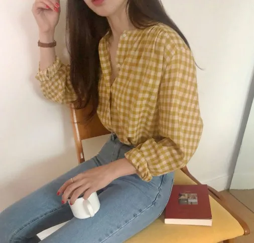 

buttons Cardigan yellow plaid girls shirt Summer femme Casual loose Women Linen Cotton Girls Blouse Plus Size Women Blouses