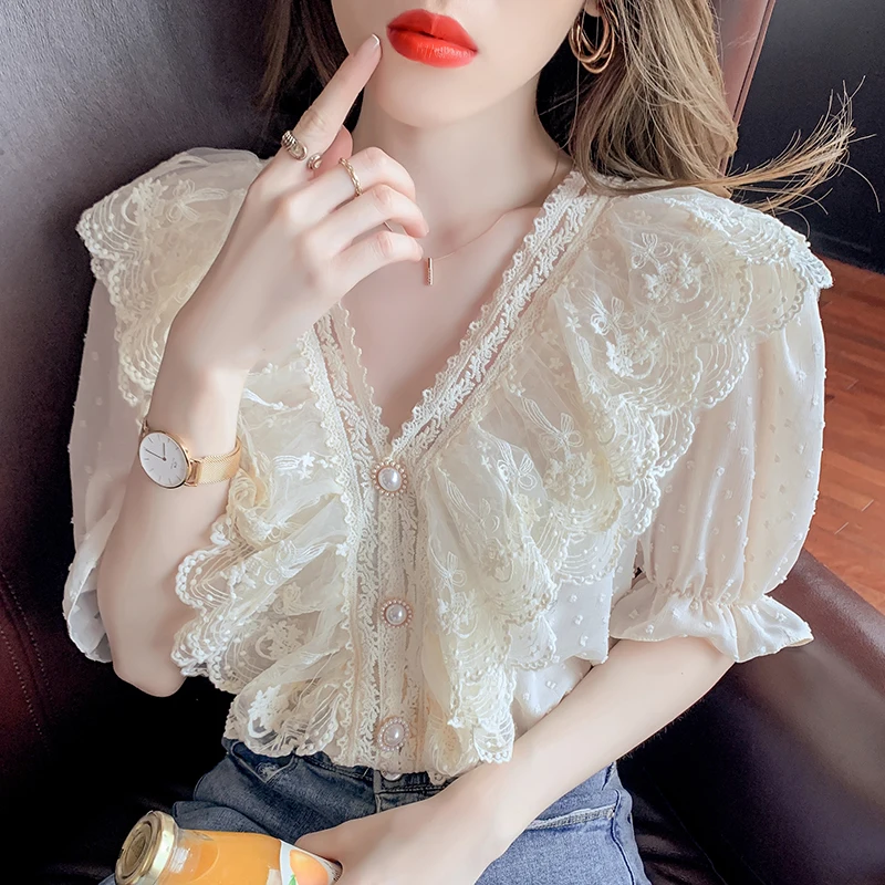 Милая кружевная блузка с V-образным вырезом женская шифоновая рубашка коротким