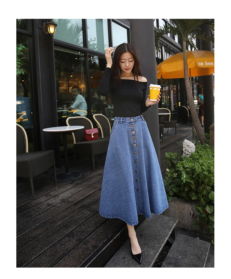 

Skirts Women Fashion Korean Preppy Style Denim Women Solid Color Long Skirt High Waist Feminina Big Hem Casual Zipper Button