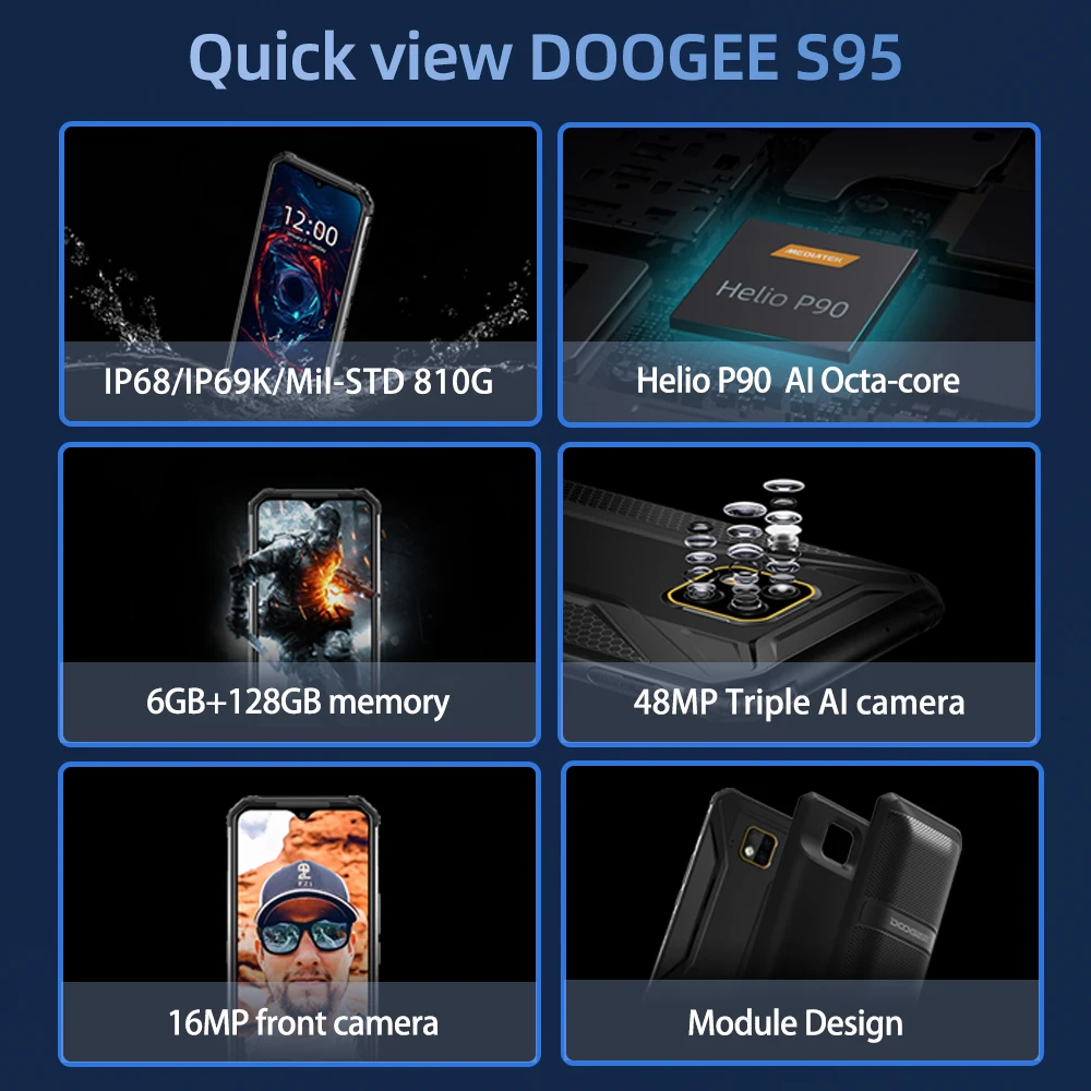 DOOGEE S95 модульный прочный мобильный телефон IP68 смартфон 6 3 "Helio P90 Octa Core ГБ 128 48MP