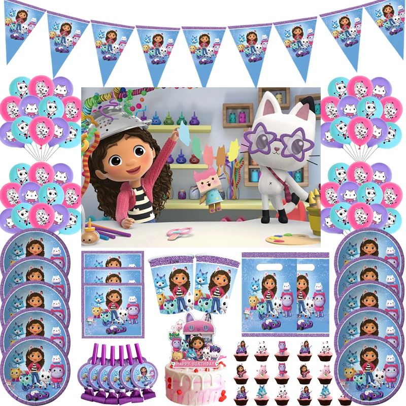 

Gabby's Dollhouse Girls Birthday Party Decorations Gift Bags Cups Plates Tablecloth Flags Baby Shower Paper Disposable Tableware