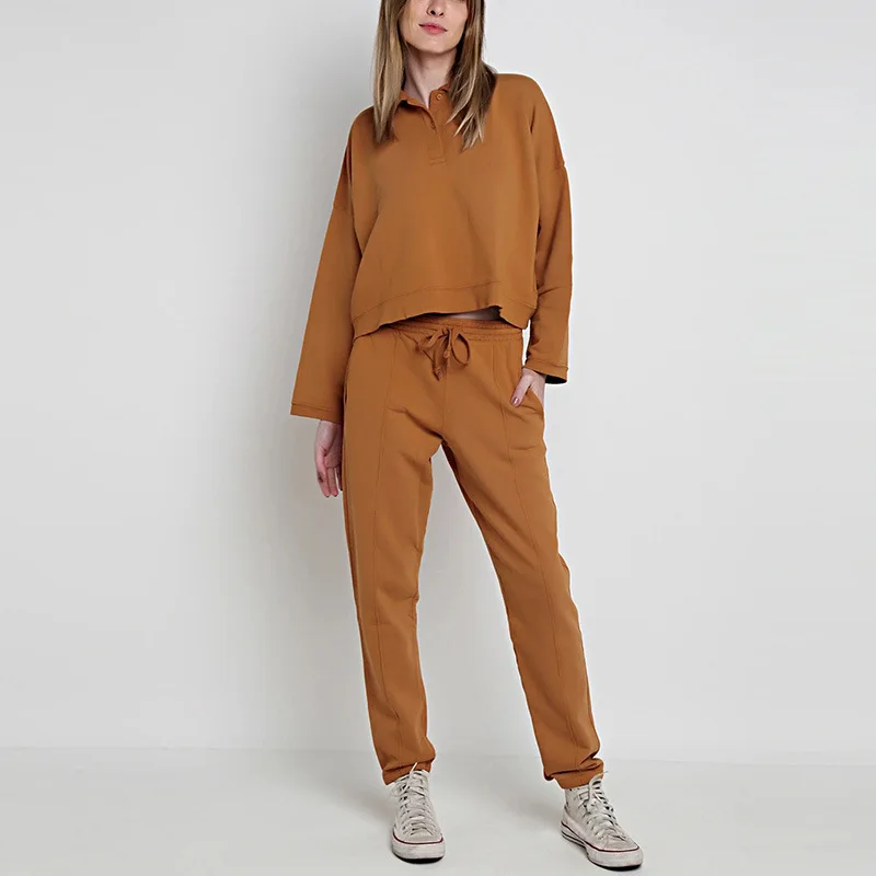 

Women's Clothing Matching Sets Solid Turn-down Collar Batwing Sleeves Women Casual Sweatshirts Elastic Waist Harem Pants Winter