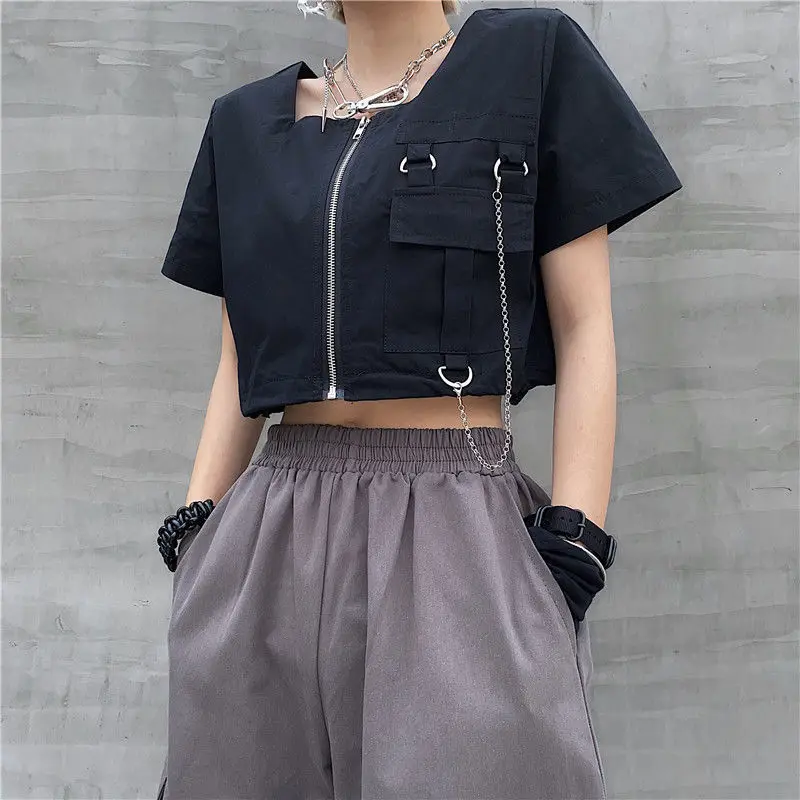 

Cool Girls Blouses Women White Square Collar Harajuku Teens Cargo High Streetwear Crop Top Female Hip Hop Retro