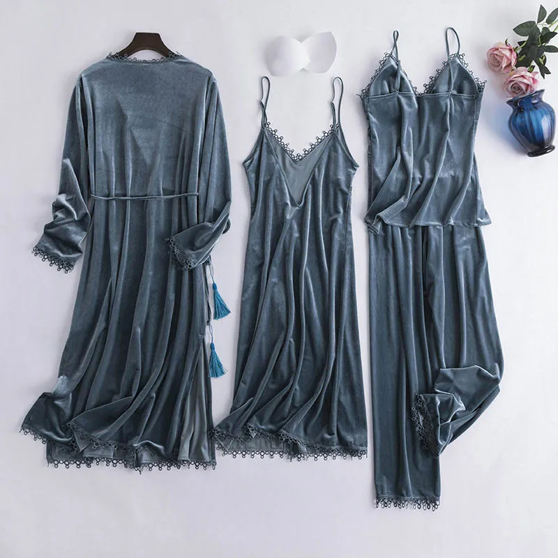 Зимний женский пижамный комплект из 4 предметов Золотая Бархатная теплая