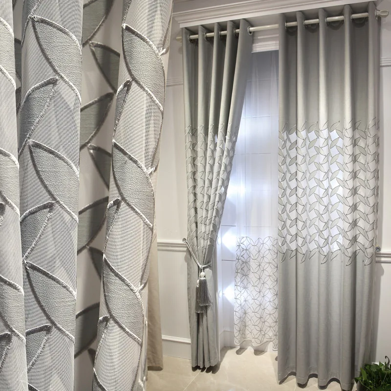 

Luxury Grey Embroidered Leaves Curtain for Living Room Semi-Blackout Gray Hollow Window Drapes for Bedroom