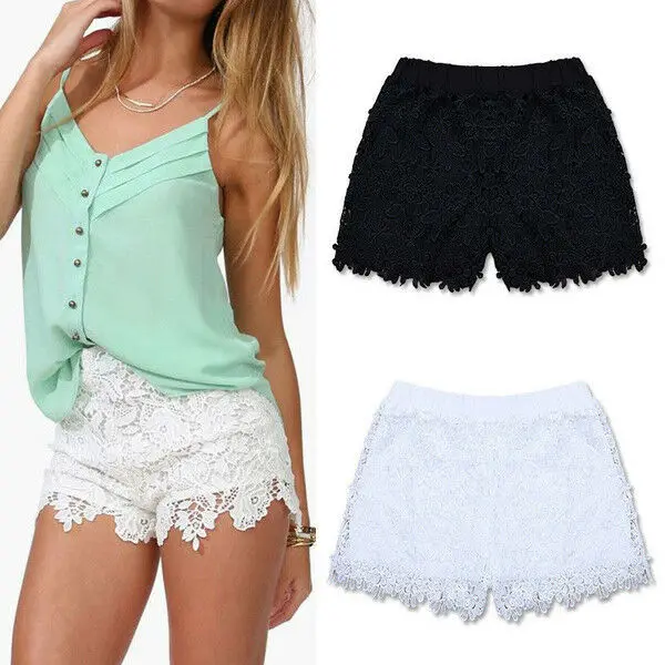 

Lady Sexy Solid Shorts Summer Lace Floral Shorts New Mini Mesh Crochet Flower Tiered Clothing