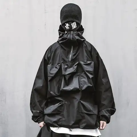 Мужская ветровка Techwear, Анорак, Японская уличная одежда карманами, черная куртка с капюшоном