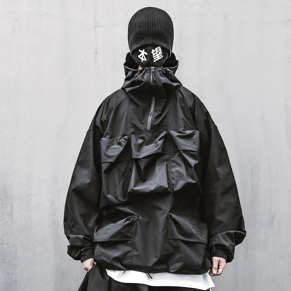 Мужская ветровка Techwear Анорак Японская уличная одежда карманов Черная куртка с