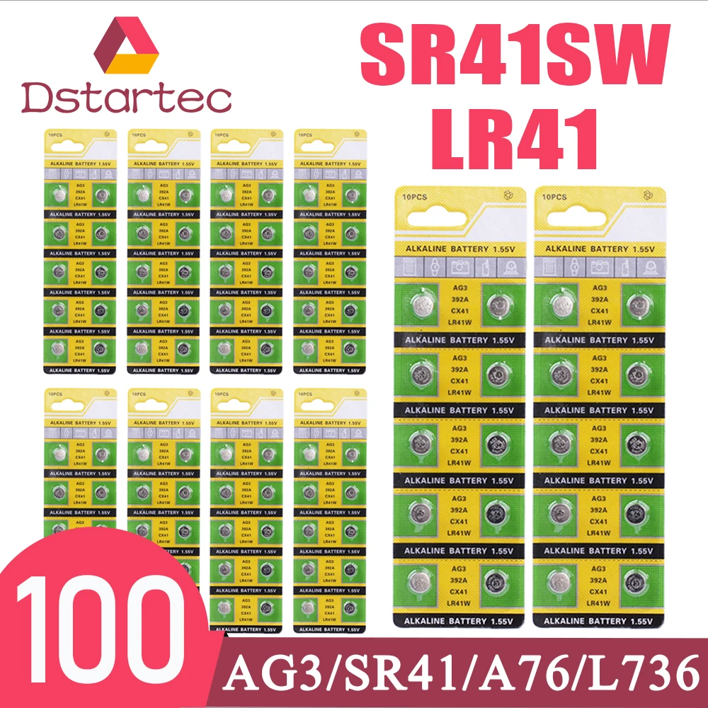 

NEW 100pcs 1.55V AG3 LR41 SR41 Battery For Watch Toys Clock Electronic scale; SR41SW CX41 384 392 192 Buttom Coin Cell Batteries