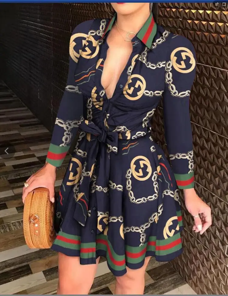 

Summer Dresses for Women Print V Neck Turn-down Collar A-Line Office Lady Casual Dress Fashion Streetwear Women's Dresses
