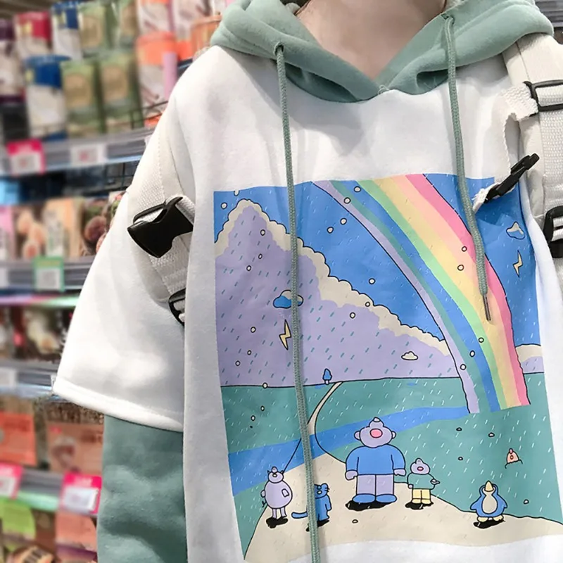 Average Size Hoodies Print Rainbow Sweatshirts Hooded Harajuku Spring Casual Vintage Korean Pullovers Women Sweetshirts