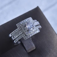 silver color 3pcs bridal rings sets romantic proposal wedding ring for women trendy round stone setting wholesale lots