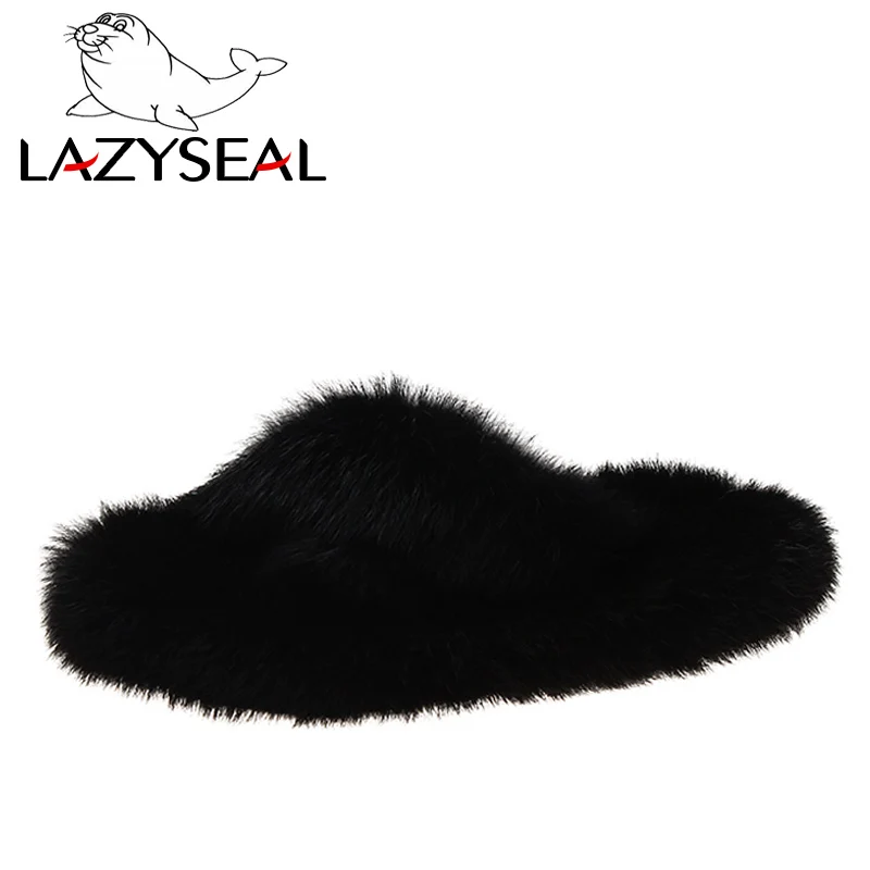 LazySeal/тапочки с натуральным кроличьим мехом женская обувь модные женские Вьетнамки, Повседневная плюшевая обувь на плоской подошве женские меховые домашние шлепанцы - Цвет: Black