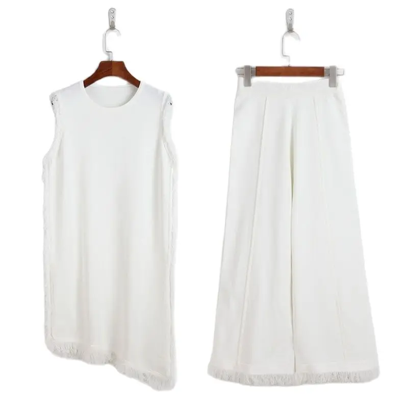 

High quality women's suit summer round neck fringed fringe decorative top + wide leg pants ice silk knitted two-piece female