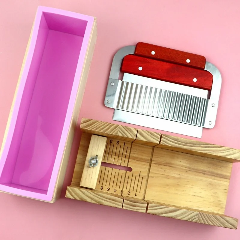Herramientas de fabricaci&oacute;n de jab&oacute;n, caja de corte de madera, molde de silicona de 1200ml, hoja recta y hoja de onda, cortadores de jab&oacute;n DIY, suministros de jab&oacute;n Manual, 4 unids/set por juego-0