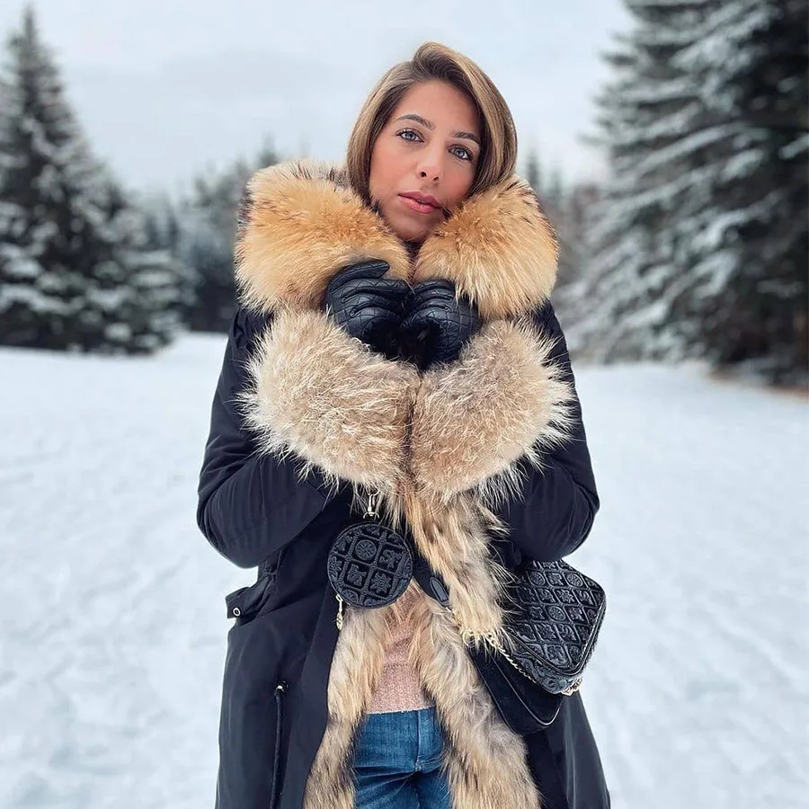 Зимнее женское пальто из натурального меха Женская парка куртка с меховым