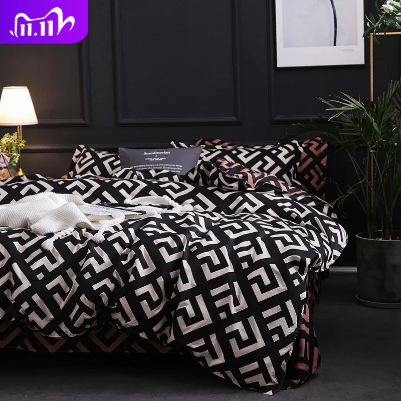 

Комплект постельного белья из полиэстера и льна, роскошный черный комплект постельного белья с наволочкой в клетку с рисунком птиц, размеры...