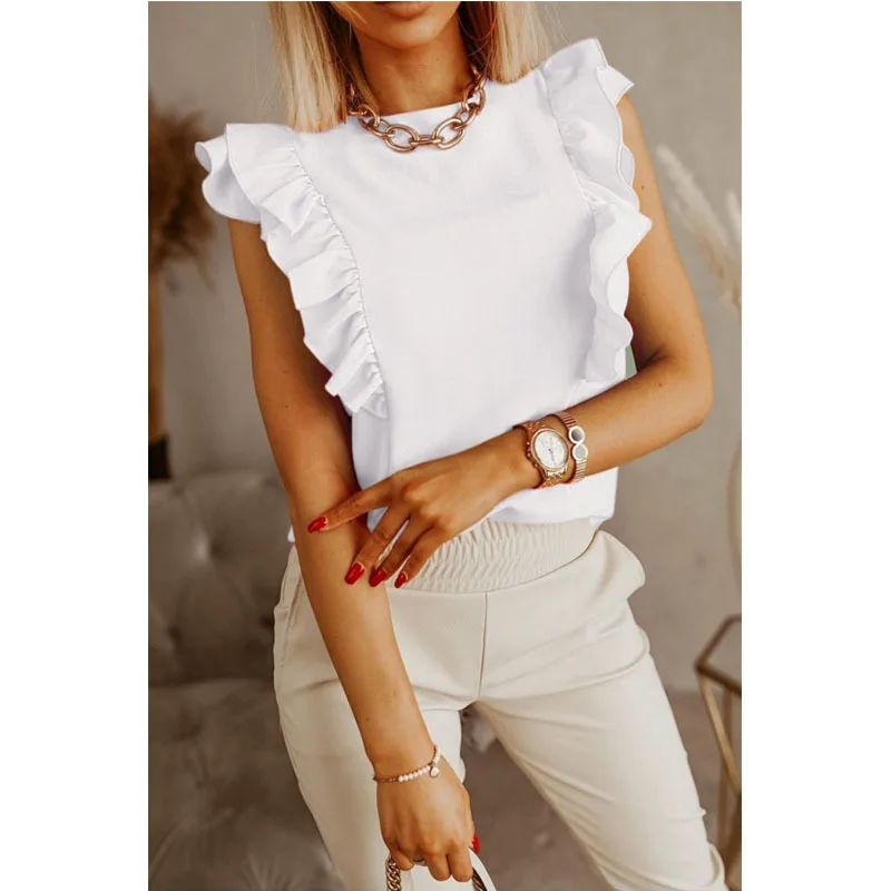 

Ladies Backless Lace Up Office Blouses Women Ruffle Sleeve Shirts Tops Summer Sleeveless Round Neck Solid Casual Feminine Tops